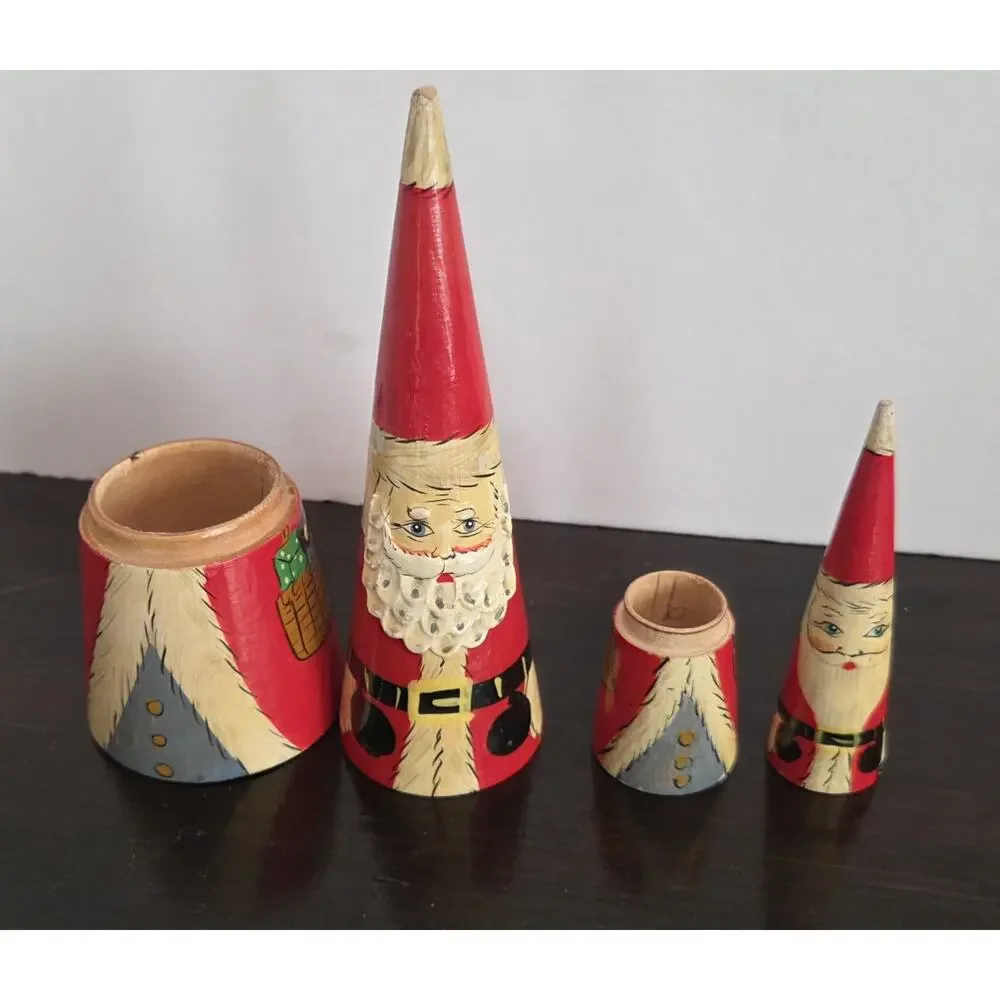 Vintage Nesting Santa Claus Dolls Cone Shape 2 Pc Wooden Carved 8